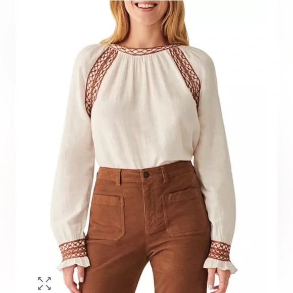 • Faherty • Women’s Arles Embroidered Top White and Brown Medium - Picture 1 of 5